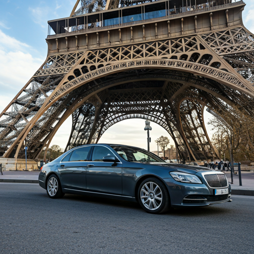 Luxury sedan in front of Eiffel Tower
